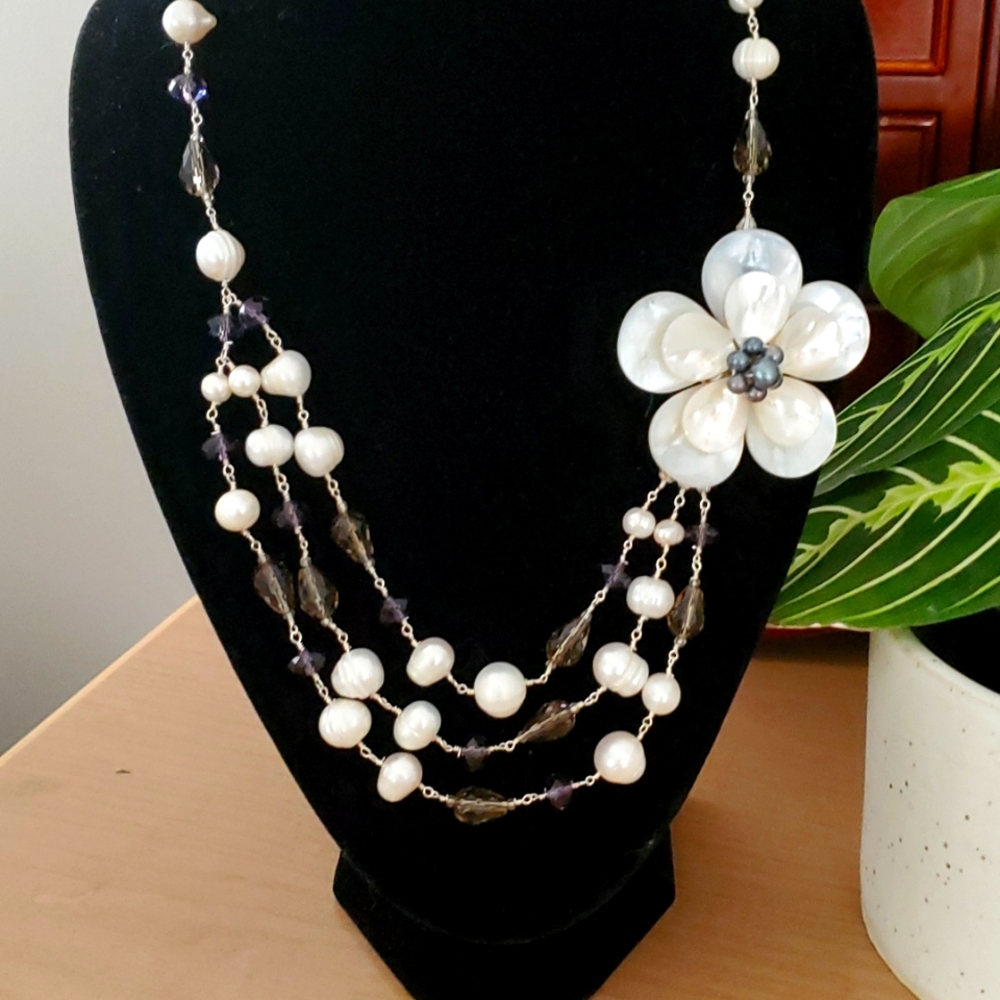 Sterling Silver Necklace Fresh water pearl and crystal Flower accent 18-20" adj